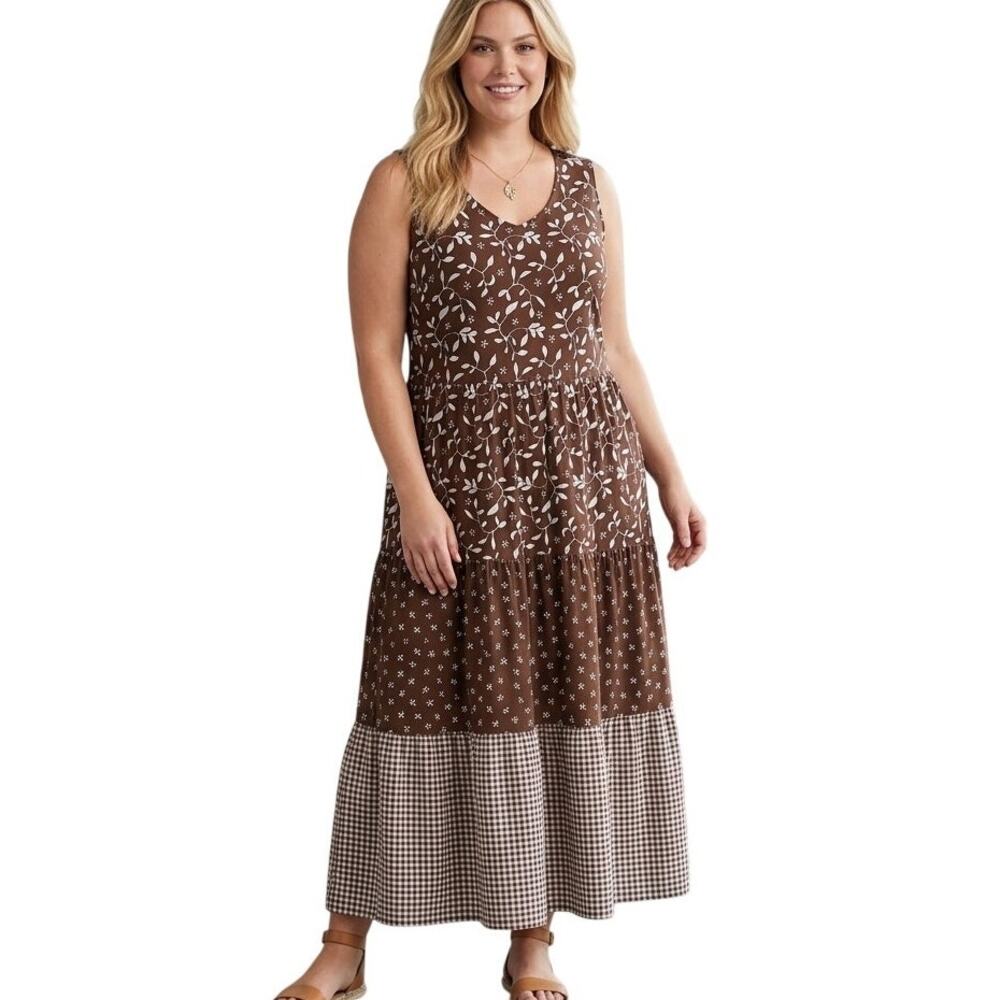 Lands End Tiered Maxi Dress Womens Size 1X Brown White Mixed Print Cottage Boho